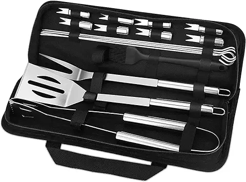 Utensilios de Barbacoa, 16 Piezas Kit de Herramientas para Barbacoa de Acero Inoxidable con Estuche, Pinza, Espátula, Cepillo, Pinchos para Parrilla, Tenedor de Carne y Cortador para Camping y Cocina  