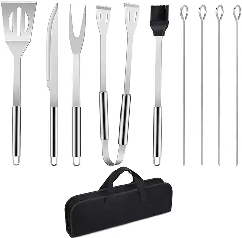 Utensilios de Barbacoa Profesional, 9 Piezas Kit de Herramientas para Barbacoa de Acero Inoxidable con Estuche, Pinza, Espátula, Cepillo, Pinchos para Parrilla, Tenedor de Carne y Cortador  