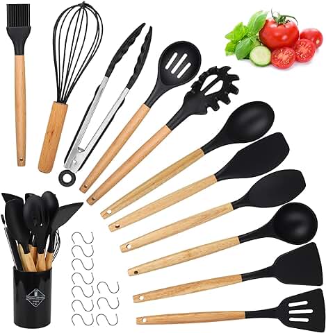 Utensilios de Cocina, 22 Piezas Utensilios de Cocina de Silicona Utensilios Set Resistente al Calor sin BPA Con Mango de Madera - 10 Ganchos en Forma de "S", Aptos para el Lavavajillas Negro  