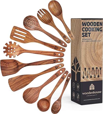 Utensilios de Cocina Madera [10 Pzas] - 100% Madera de Teca - Set de Espátulas de Cocina y Cucharas de Madera. Accesorios de Cocina con Agarre Cómodo. Menaje de Cocina para Sartenes Antiadherentes  