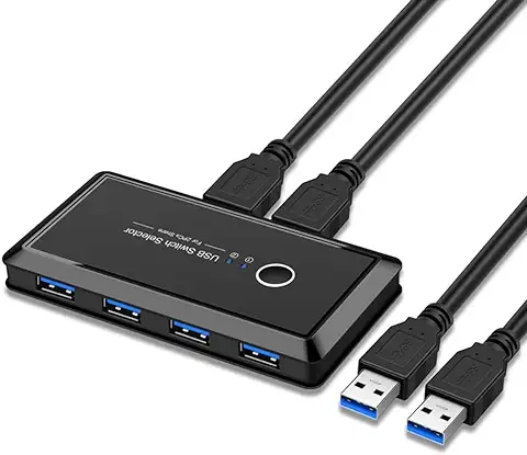 VABOO USB 3.0 Switch 4 Puertos, USB KVM Conmutador 2 Entradas y 4 Salidas,Ladron USB KVM con 2 Cable USB para Compartir Dispositivo USB como Teclado, Ratón, Memorias USB,Disco Duro, Impresora,etc.  