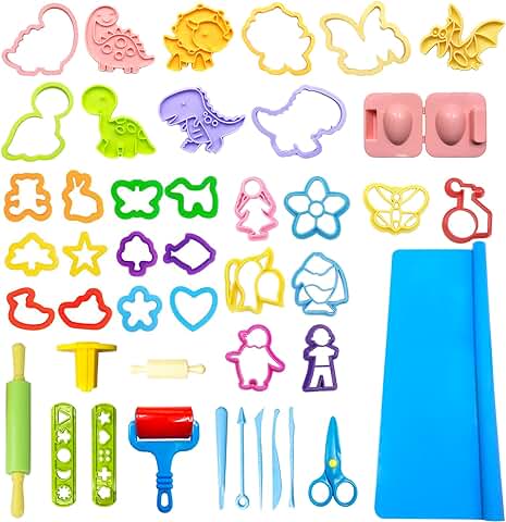 VAIYNWOM Juego de Accesorios de Plastilina para Niños, 43 Piezas Herramienta de Plastilina Moldes Tijeras Rodillo de Masa Dinosaurios Animales y Plantas, Estera de Amasar Bolsa de Almacenamiento  