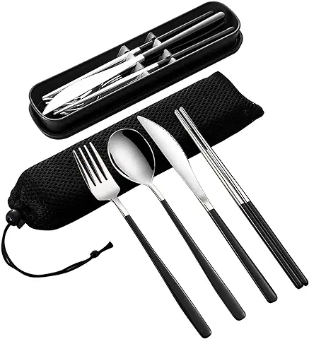 VANRA Juego de Cubiertos de Acero Inoxidable para Adultos de 4 Piezas con Estuche Juego de Utensilios Reutilizables con Tenedor, Cuchara, Cuchillo, Palillos para el Almuerzo(negro Plata)  