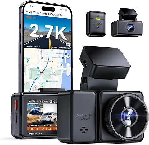 VANTRUE E2 1944P+1944P Cámara de Coche 5GHz WiFi GPS, Inalámbrica y Controlada por Voz Trasera Delantera, WDR Night Vision Buffer Parking Mode Car Camera, 2.45 Pulgadas 320 °, 512GB Máximo  