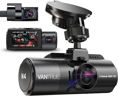 VANTRUE N4 Dashcam Cámara de Coche 4K Frontal, 3 Lentes Doble1440P+1080P, Visión Nocturna Infrarroja IR, Modo de Estacionamiento 24/7, WDR de 2,45 Pulgadas, Supercondensador, Sensor G, Máximo 512G  