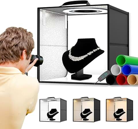 VAYOTOY Estudio Fotográfico Caja de Luz 30x30x30cm, Cubos de luz para Estudios de Fotografía con CRI >95,120 Luces LED Regulables,Fondos de 6 Colores para Productos de Tamaño Pequeño  