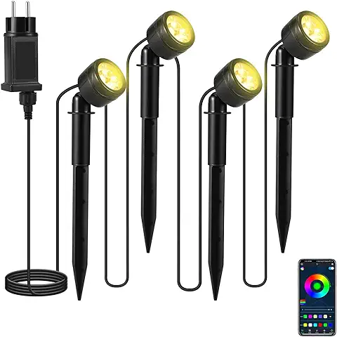 VAYOTOY Focos LED Exterior, LED RGBW Focos Jardín con APP Controlador, Impermeable IP68 Focos Exterior Jardín con Estaca, LED Bombilla Exteriores para Jardín Aire Libre Césped Patio Decoración  