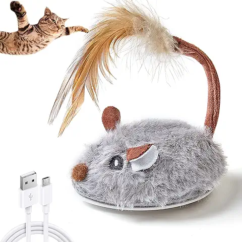 Vealind Uguete Interactivo para Gatos, Ratón Móvil Automático Realista con Cola Peluda, Juguete Electrónico Recargable USB para Gatos, Juguetes para Gatitos (Gris)  