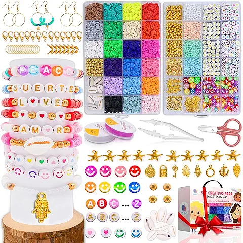 VESLUI 7014 Abalorios para Hacer Pulseras - Cuentas de Arcilla Polimerica, Letras, Accesorios Dorados y Más - Kit Para Hacer Pulseras Ideal para Manualidades y Juguetes Creativos para Niños y Niñas  