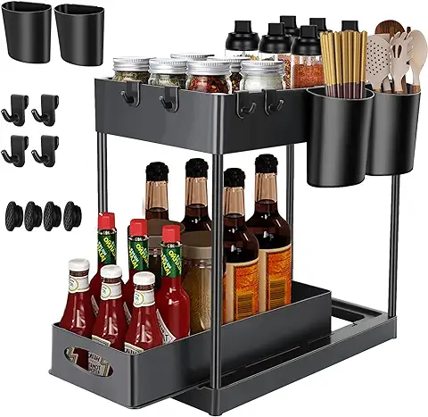 VFANDV Organizador Bajo Fregadero 2 Niveles, Organizador Cocina para Debajo del Fregadero con 4 Ganchos y 2 Cesta Colgante, Armario de Fregadero Estantes para Cocina, Baño Despensa, Encimera - Negro  