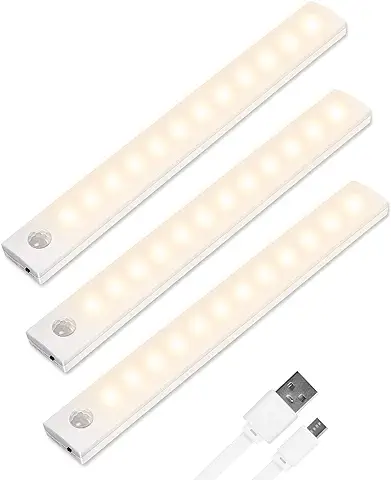 Vicloon Iluminacion Luz sin Cables Portatil, 3 PCS 12 LED Luz Armario con Sensor de Movimiento con Auto En/Apagado/Siempre en, USB Recargable LED Armario con 2 Tiras Magnéticas, para Escalera, Coina  