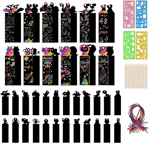 Vicloon Papel de Rascar, 48pcs Papel de Rascar Negro, Cuerdas de Colores, 24 Lápices de Madera, 4 Plantilla de Pintura, Papel Scratch Art, Diseño Dinosaurio y Animales, Arte Rascar para Niños  