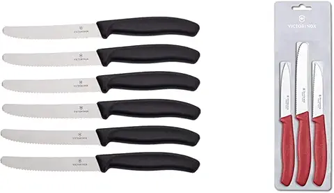 Victorinox Cuchillo con hoja de 11 cm, Paquete de 6 Piezas, Negro, Medium & Juego de Cuchillos para Verduras Swissclassic, 3 Piezas, Rojo  