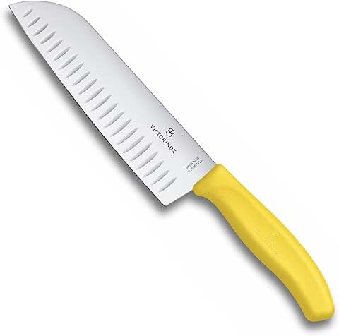 Victorinox Swiss Classic Cuchillo de Cocina/Santoku, con hoja de 17 cm y filo con Alvéolos, Fabricado en Acero Inoxidable y de Color Amarillo  