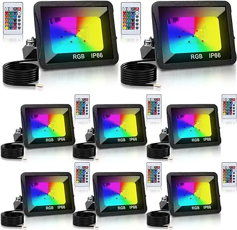 Vigevee 8pcs 10W RGB Proyector LED, Focos LED Exterior con Control Remoto, 16 Colores y 4 Modos Cambio de Color Luz de Seguridad, Función de Memoria, Impermeables IP66 (sin Enchufe)  