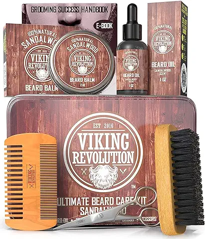 Viking Revolution Kit de Barba y Bigote Para Hombre - Juego Champú, Cepillo Cerdas de Jabalí, Peine de Madera, Bálsamo de Sándalo, Aceite, Tijeras  