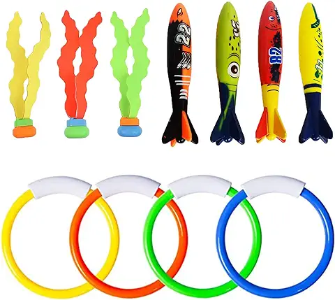 VIKSAUN 11 Pcs Juguetes Piscina Niños Juguetes de Buceo Submarino, 4 Bandidos Torpedo, 4 Anillo de Buceo, Algas Marinas*3, Juegos Piscina para Niños (11 pcs)  