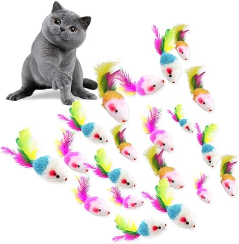 VIKSAUN 20 Pcs Juguetes para Gato, Peludo Ratones Gato Juguete, Sonajero Pequeño Ratón Juguetes, Simulación Juguete de Ratón con Plumas Colores Variados, Gato Juguete Interactivo  