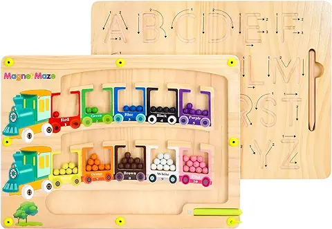 Vindany Tablero de Madera Montessori para Trazar el Alfabeto,Laberinto Magnético de Colores y Números,Tablero de Madera para Practicar Las Letras Regalos para Niños de 3 4 5 6 Años  