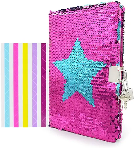 VIPbuy Diario de Viaje con Lentejuelas Reversible Magic Star con Cierre y Llave para Niños y Niñas, Tamaño A5 (21,5 x 14 cm), 78 Hojas  