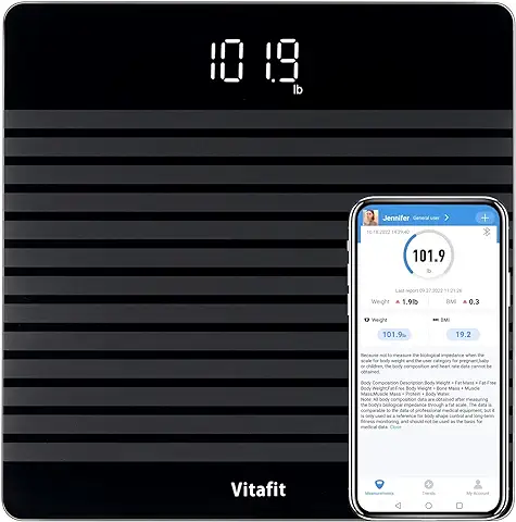 Vitafit Bascula de Baño Digital, Balanza Bluetooth Inteligente con App, Bascula Electrónica Monitores con de Peso y IMC, Plataforma Antideslizante, Negro  