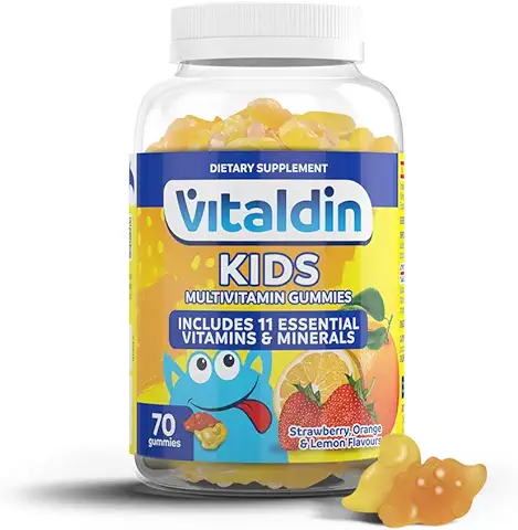 VITALDIN Multivitaminas Kids Gummies - Complemento Alimenticio para Niños con 11 Vitaminas & Minerales - 70 Gominolas (suministro para 1 Mes); Sabor a Frutas - Vitalidad & Inmunidad - Sin Gluten 140 g  