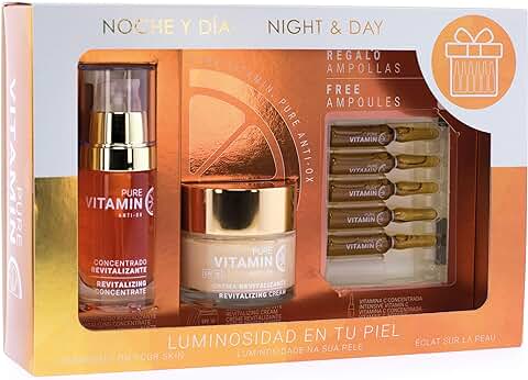 Vitamina C Pack Regalo. Crema Hidratante Facial Mujer Hombre 60ml + Serum Vitamina C 30ml + 5 Ampollas de 2 ml Serum Facial de Regalo. Tratamiento Antioxidante e Iluminador. Marca Noche y Día  