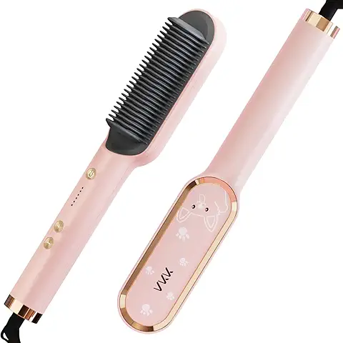 VKK Cepillo Alisador De Pelo, Cepillo Plancha Pelo, PTC 25s de Calentamiento Rápido, Protección Antiquemaduras, Revesimiento Ceramico, 5 Temperatura Regulable, Apagar Automáticamente, Rosado  