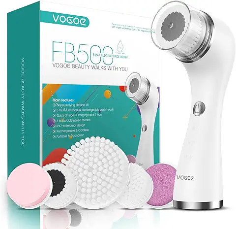 VOGOE Cepillo Limpiador Recargable, Exfoliante Giratorio IPX7, 3 Velocidades y 5 Cepillos Eléctricos para Cara y Cuerpo Limpieza Exfoliación y Masaje, Blanco  