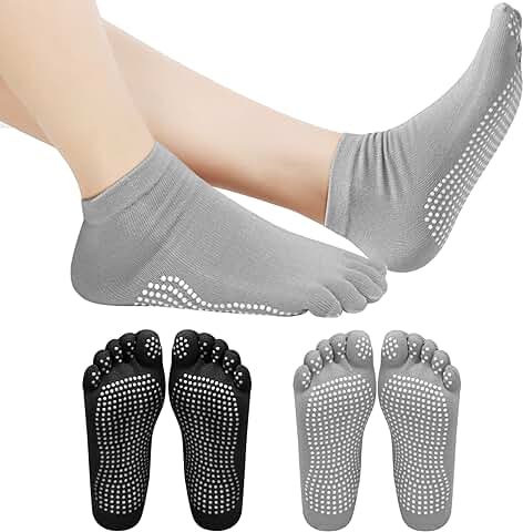 Volumoon 2 Pares Calcetines Antideslizantes para Yoga Pilates, Negro gris Calcetines Antideslizantes para Hombre Mujer, Algodón Calcetines Deportivos para Yoga Pilates Fitness Gimnasia, EU 37-42  