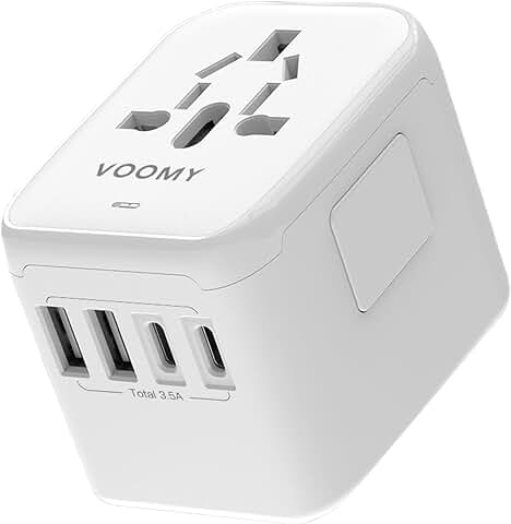 VOOMY Adaptador de Viaje Universal Universal para 170 Países, Adaptador de Enchufe de Viaje en Todo el Mundo, Europa, Estados Unidos, Australia, Universal All in One Travel Plug con 2 USB-C y 2 USB-A  