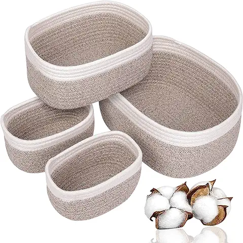 VORHOT Juego de 4 Cestas Almacenaje Tejida con Cuerda de Algodón, Cesta Bebe Organizadoras, Cajas Organizadoras Baño Decorativas para Armarios, Salones, Juguetes, Cambiador  