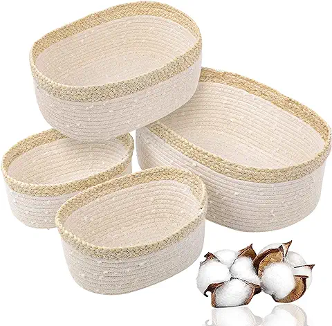 VORHOT Juego de 4 Cestas Almacenaje Tejida con Cuerda de Algodón, Cesta Bebe Organizadoras, Cajas Organizadoras Baño Decorativas para Armarios, Salones, Juguetes, Cambiador  