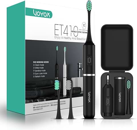 VOYOR Cepillos de Dientes Eléctricos Sónicos, Vibración de alta Frecuencia Inteligente Recargable & 5 Modos, Desmontable con Estuche de Viaje para uso en el Hogar, Viajar, Negocios ET410 (Negro)  