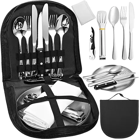 Vusddy Kit de 14 Cubiertos de Camping para 2 Personas, Juego de Vajilla Portátil de Acero Inoxidable para Camping, Picnic y Viajes, con Cuchillo, Tenedor, Cuchara, Abrebotellas y Platos  