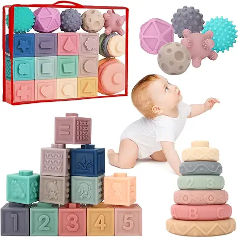 Vvhippo Juguetes Bebes 6-12 Meses, 23 Piezas Baby Blocks Juguetes de Construcción Suaves Mordedor Juguetes Sensoriales Montessori, Regalos para Bebés de 6 9 12 Meses/1 año  