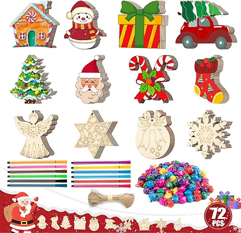 Vyntra Adornos Navidad Madera,72 pcs Decoración Arbol Navidad Madera Adorno Navidad Manualidades Adornos Navideños Originales para Niños y Adultos Colgantes Personalizado de Bricolaje Navideño  