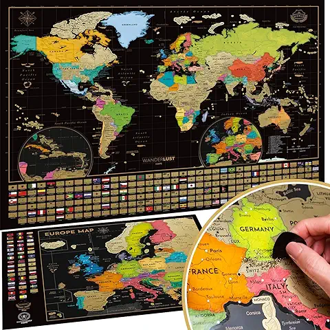 W WANDERLUST MAPS Mapa Mundi Rascar (61 X 43 cm) + Mapa Europa Rascar (46 X 33 cm). El Paquete de Regalo Incluye una Herramienta para Rascar con Precisión y Pegatinas de Recuerdo de Viajes, Oro/negro  