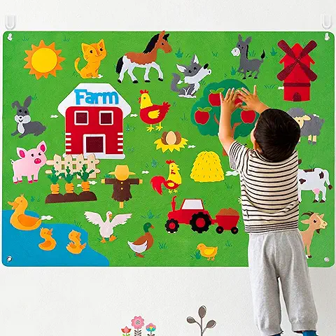 WATINC Felt Farm Story Board Set 3.5Ft 38Pcs Preescolar Animales Domésticos Cuentacuentos Tablero de Franela Ganadería Juguetes Educativos Regalo de Cumpleaños para Niños Pequeños  