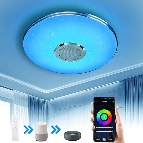 Wayrank Lámpara de Techo Led con Altavoz Bluetooth, 36W Plafon Led Techo RGB Controlada por APP y Control Remoto para Cocina Dormitorio, Compatible con Alexa Google Assistant, 3600LM