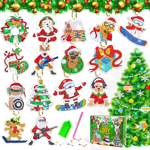 Wdmiya Diamond Painting 5D, Kit Completo de Pinturas de Diamantes 15pcs, Manualidades Llaveros Colgantes para Moviles Mochilas Llaves, Decoración Hogar, Regalos Originales Niños Adultos de Navidad  