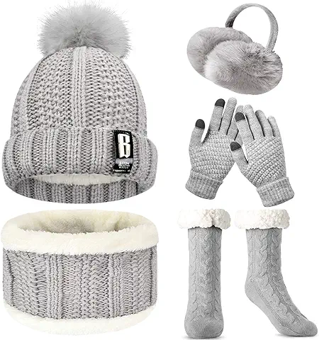 WEASIC Conjunto Bufanda y Gorro y Guantes MujerAntideslizantes Calcetines Mujer Gorro Invierno Mujer Invierno Regalos Navidad Mujer Orejeras Invierno Mujer Guantes Tactiles Mujer  