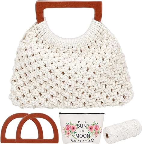 WEBEEDY Kit de Macramé para Adultos, Principiantes, Macramé, Bolso de Macramé para Mujeres/niñas, Bolso de Macramé con Mango de Madera, Suministros para Manualidades de Inicio(Natural)  