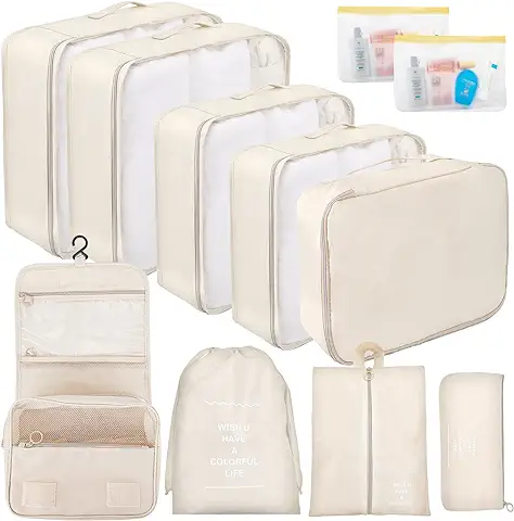 WECUTE Bolsas Organizadoras Maleta, 11 Piezas Organizador de Equipaje Multifunción, Packing Cubes Bolsas Ropa Viaje, Organizadoras Viaje, Impermeable, Juego con Bolsa de Cosméticos (Beige)  