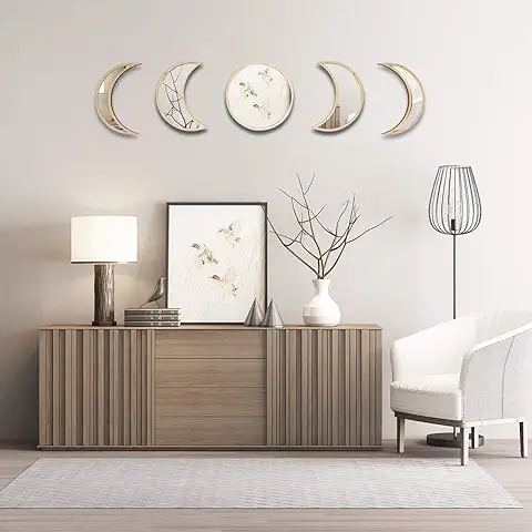 Weigudoc Juego de Espejos de Fase Lunar Nórdica, Estilo Bohemio, 5 Piezas, Espejo Decorativo de Pared de Acrílico, Pantalla de Madera  