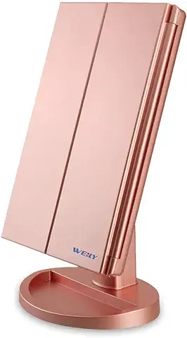 WEILY Espejo de Maquillaje, 1x / 2X / 3X Magnificación Triple Espejo Plegable Lámpara LED con 36 Luces LED Pantalla Táctil y Carga USB Rotación de 180 Grados con Mostrador (Oro Rosa)  