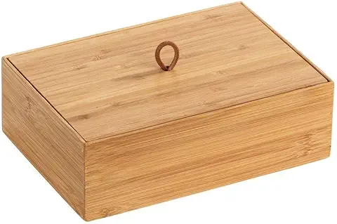 Wenko Box con Tapa de Bambú Terra L, Caja de Almacenaje, Cesta para el Baño Capacidad 1.72 l, Bambú, 22 x 7 x 15 cm, Natural, 1 Compartimento  