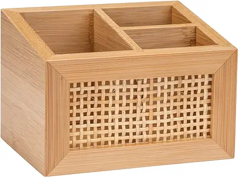 WENKO Caja para el Baño Allegre, caja Decorativa con 3 Prácticos Compartimentos de Bambú y Ratán de Calidad óptima, para Guardar los Utensilios del Baño y Cosméticos, 12 x 8,5 x 9 cm, Natural  