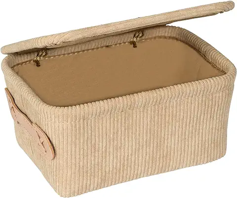 Wenko Cesta para el Baño Anela con Tapa, Cesta con Diseño Suave de pana de 100 % Poliéster con asa de Polipiel para Guardar y Organizar los Utensilios del Baño, 19 x 10 x 14 cm, Beige  