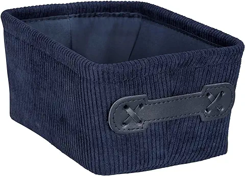 Wenko Cesta para el Baño Anela Long, Cesta de Almacenamiento con Diseño de pana con asa de Polipiel para Guardar y Organizar los Utensilios del Baño, 100 % Poliéster, 19x9x14 cm, azul Oscuro  